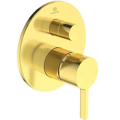 Wandmontierte Mischbatterie in goldfarbenem Finish von Ideal Standard mit zwei Steuerknöpfen für Wasserfluss und Temperaturregulierung.